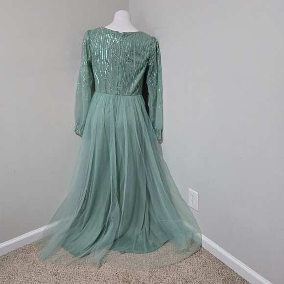 Sz 2XL (US 12) Ever Pretty Light Green Tulle Long-Sleeve Plunge Gown w Sequins - Picture 3 of 10